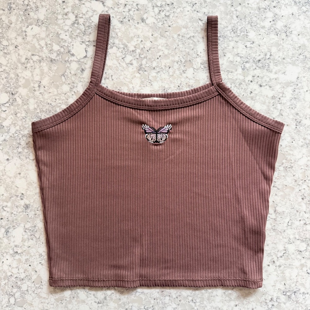 Pie in the Sky Brown Ribbed Butterfly Crop Tank Top - Size L